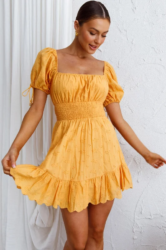 Sweet Devotion Puff Sleeve Shirred Waist Eyelet Mini Dress Orange