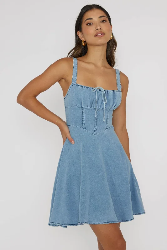 Sweet Pea Tied Bust Mini Dress Denim Blue