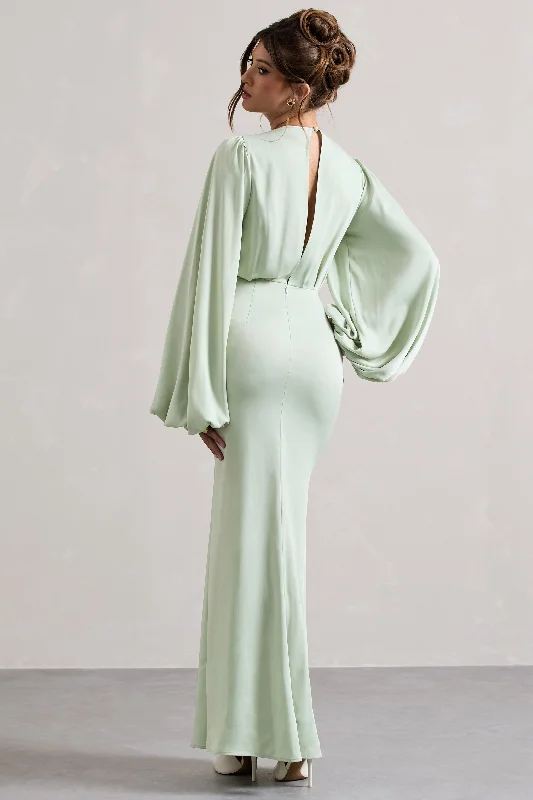 Wild Rose | Light Green Puff-Sleeve Cut-Out Maxi Dress