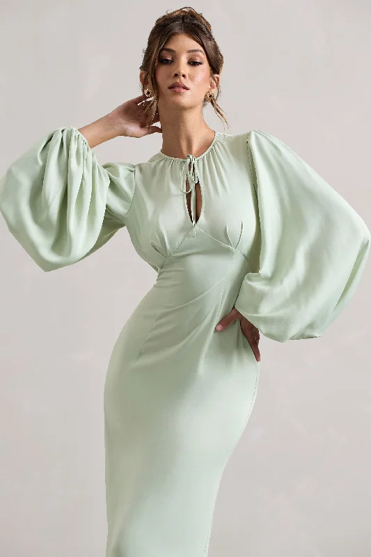 Wild Rose | Light Green Puff-Sleeve Cut-Out Maxi Dress