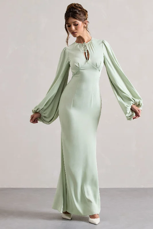 Wild Rose | Light Green Puff-Sleeve Cut-Out Maxi Dress