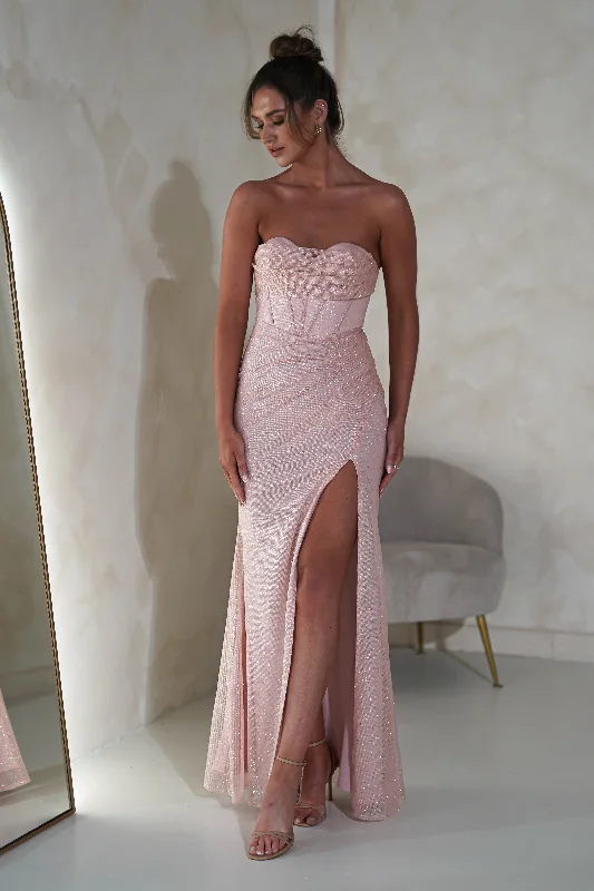 Wisteria Glitter Strapless Gown | Pink