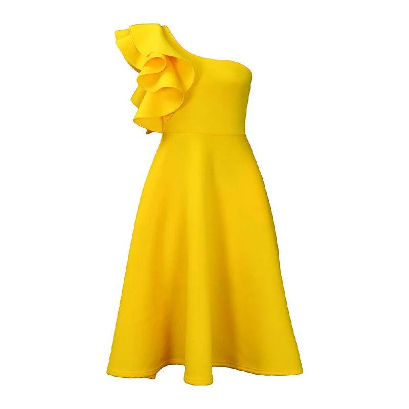 Women's Pure Color Ruffles Slant Shoulder Banquet Dresses