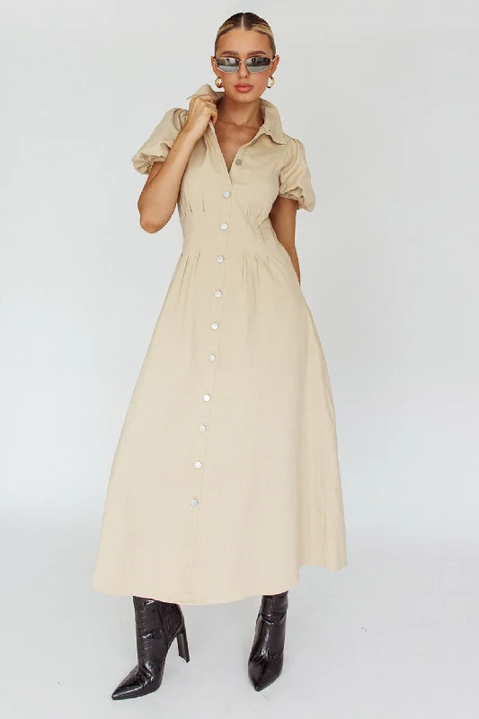 Zurich Pleated Waist Midi Dress Beige