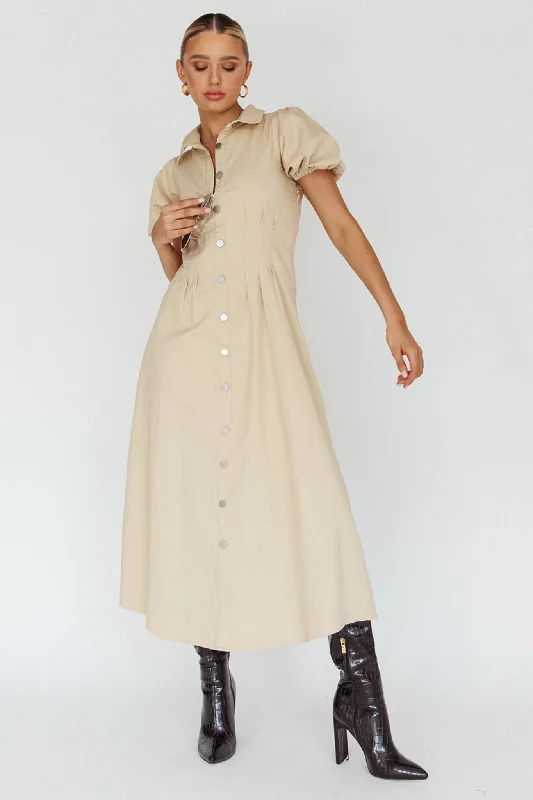 Zurich Pleated Waist Midi Dress Beige