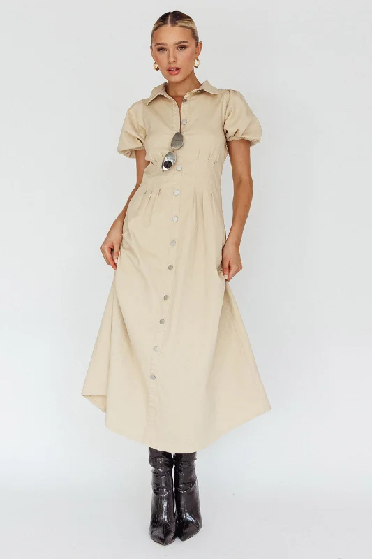 Zurich Pleated Waist Midi Dress Beige