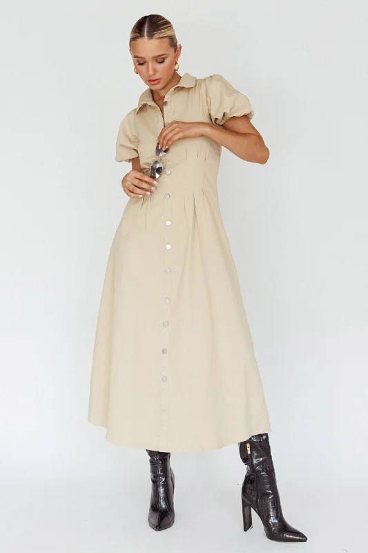 Zurich Pleated Waist Midi Dress Beige